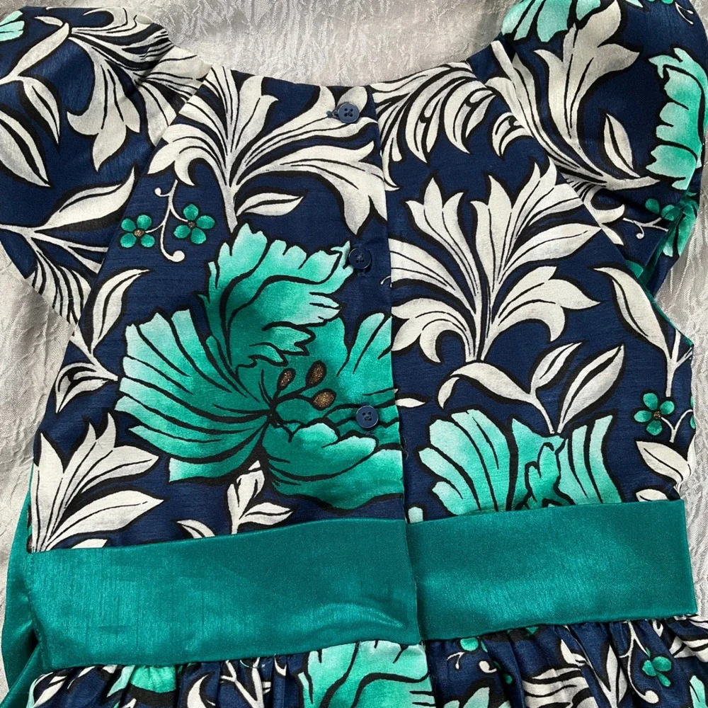Gymboree‎ Dressed Up Girls Teal Navy Floral Glitter Party Dress Bow Size 6 Fancy